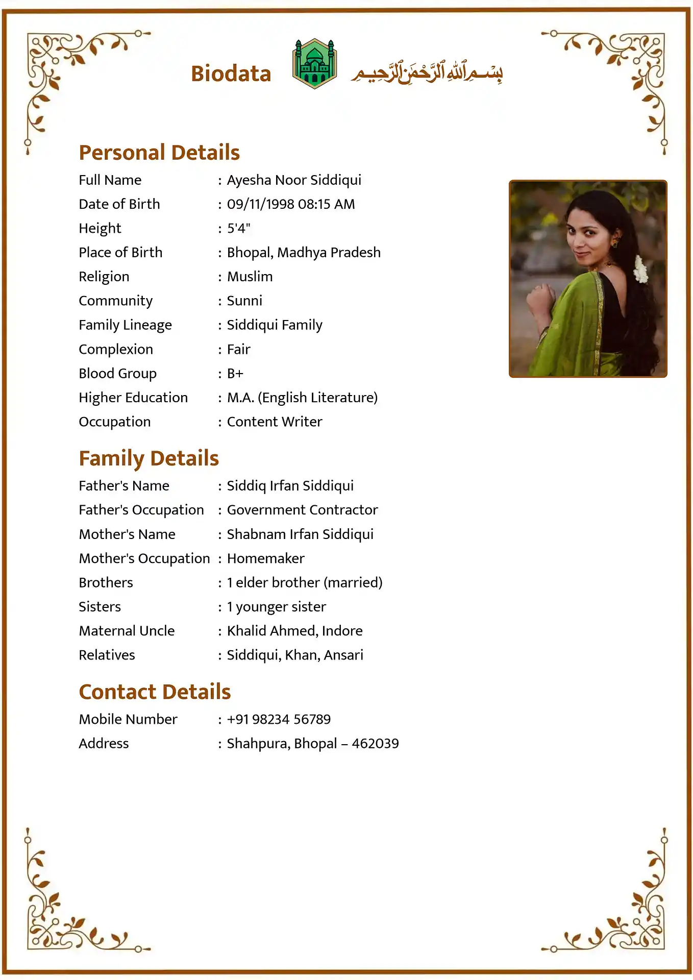 Marriage biodata template - Template 6 design