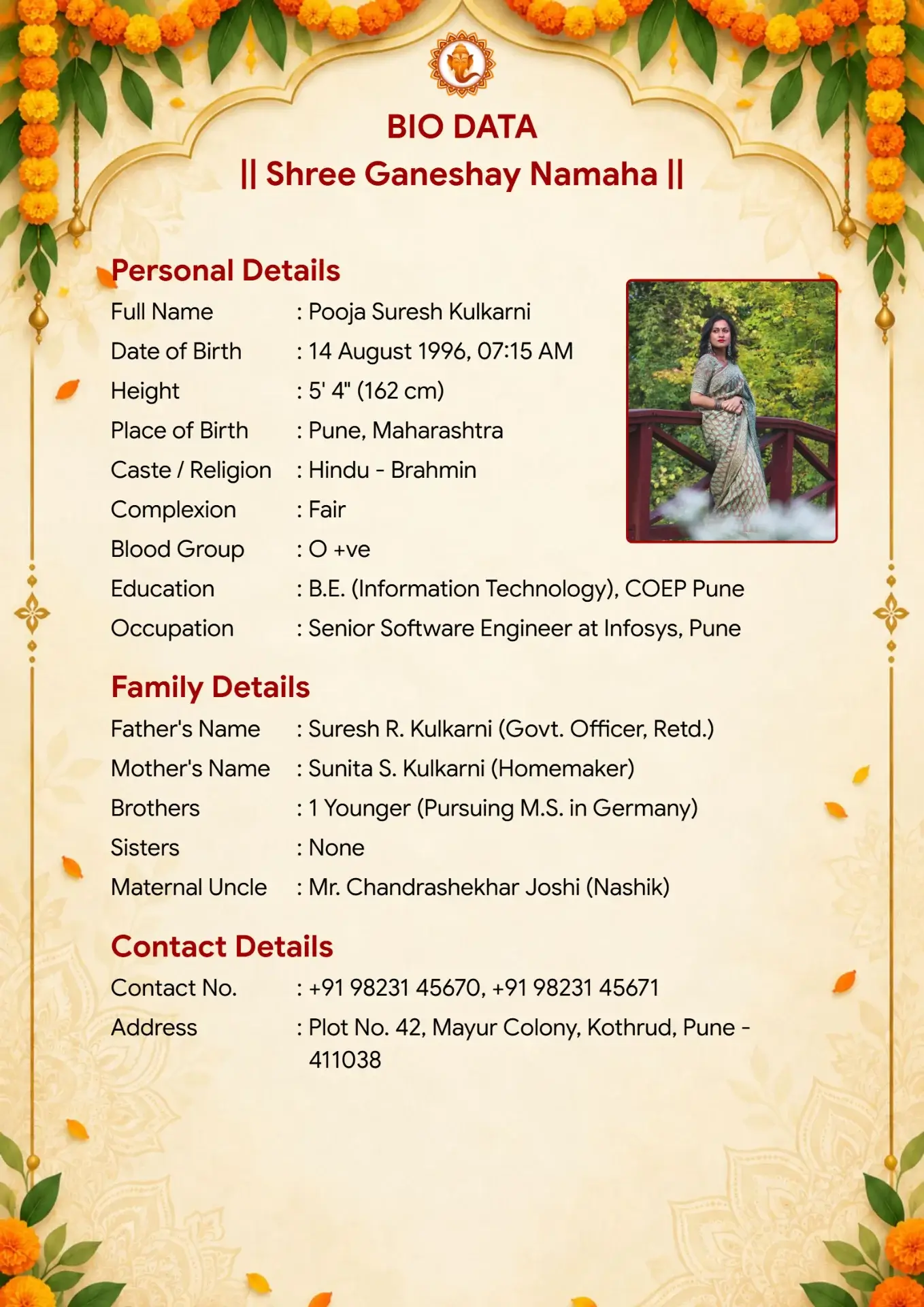 Marriage biodata template - Marigold design