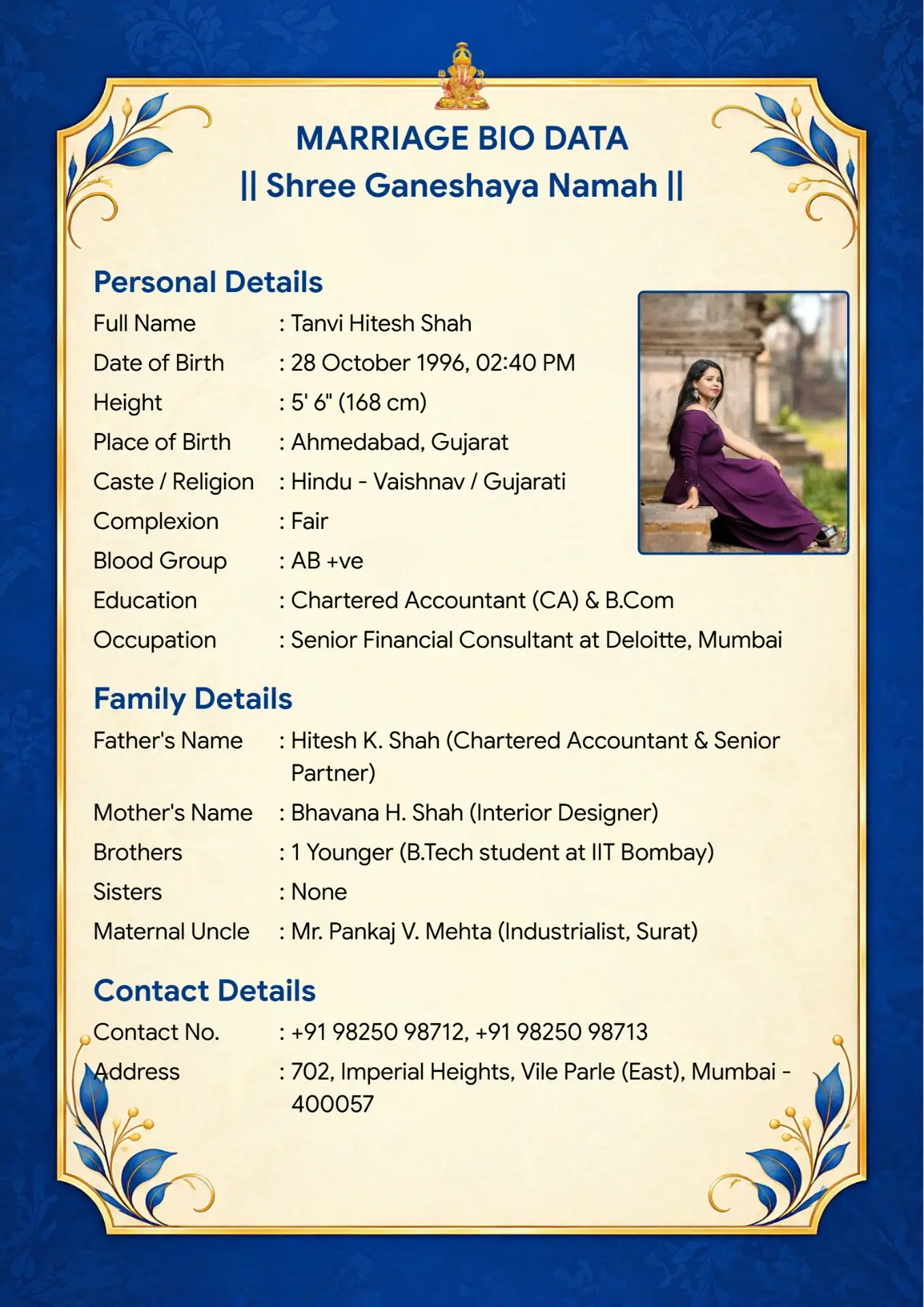 Marriage biodata template - Royal Blue design