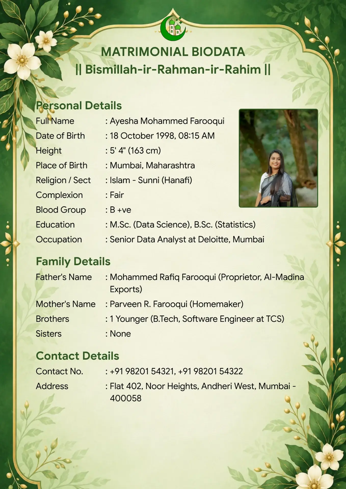 Marriage biodata template - Emerald design