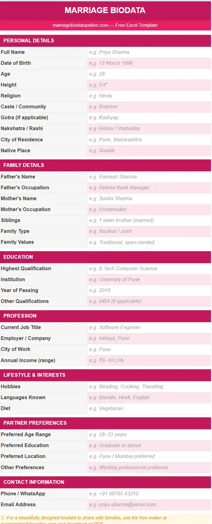 Marriage Biodata Excel Format Template